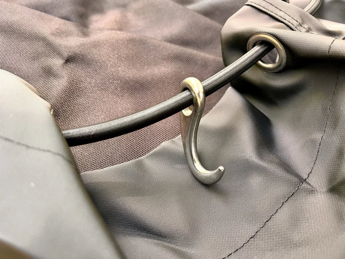 IBC Log Container Cover Heavy Duty Canvas Bungee and Hooks Close up of Hook System