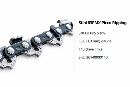 Stihl 63PMX Picco ripping chainsaw chain for chainsaw milling, 3/8 Lo Pro pitch, .050 inch (1.3 mm) gauge and 140 drive links