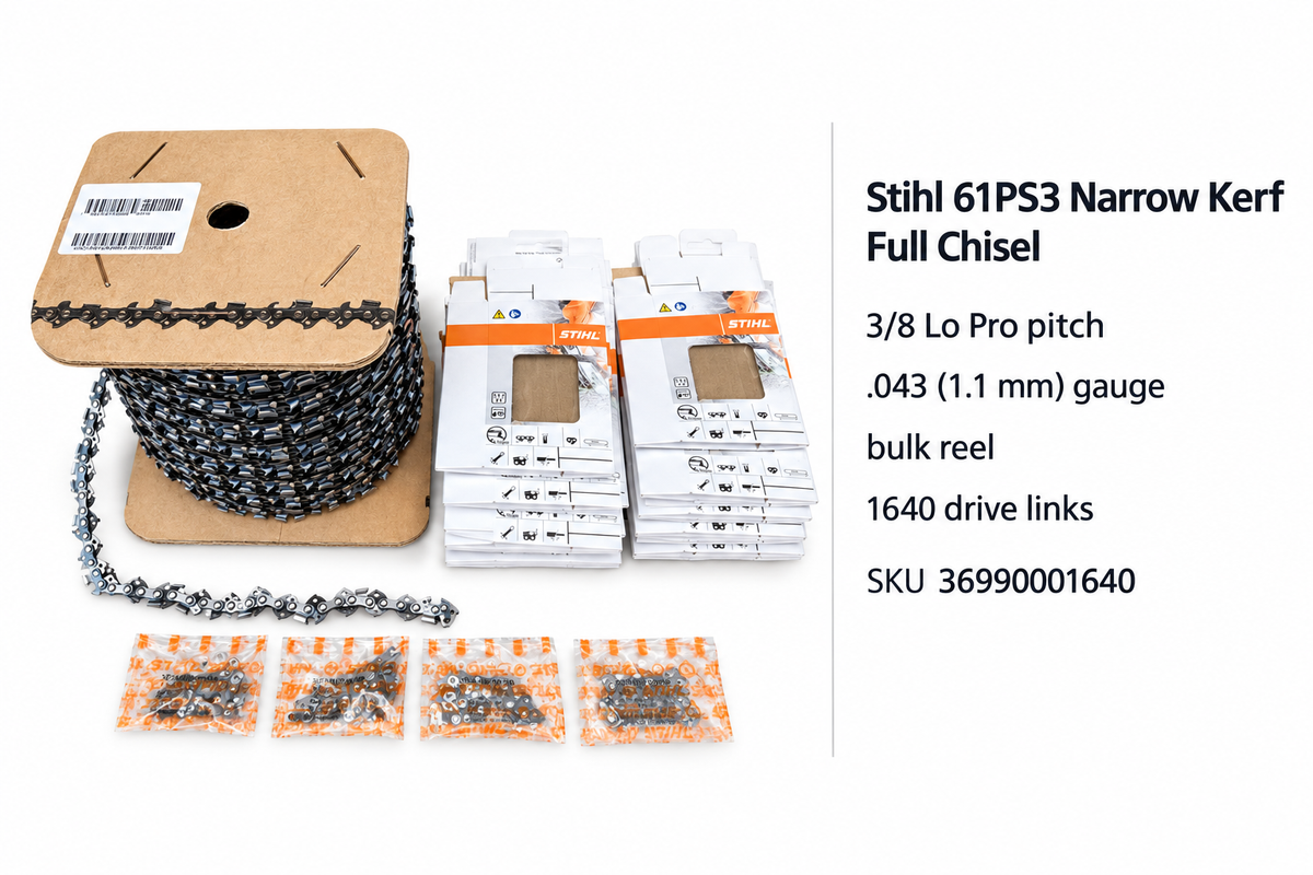 Stihl 61PS3 bulk reel 100ft 1640 drivelinks 3/8 Lo Pro pitch, .043 (1.1mm) gauge.
