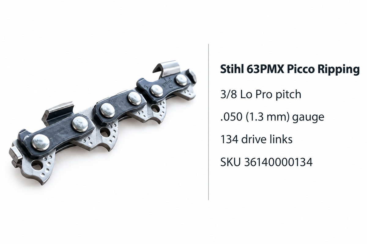 Stihl 63PMX Picco ripping chain with 3/8" Lo Pro pitch, .050"/1.3 mm gauge and 134 drive links. Designed for smooth chainsaw milling cuts.