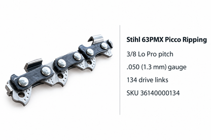 Stihl 63PMX Picco ripping chain with 3/8" Lo Pro pitch, .050"/1.3 mm gauge and 134 drive links. Designed for smooth chainsaw milling cuts.